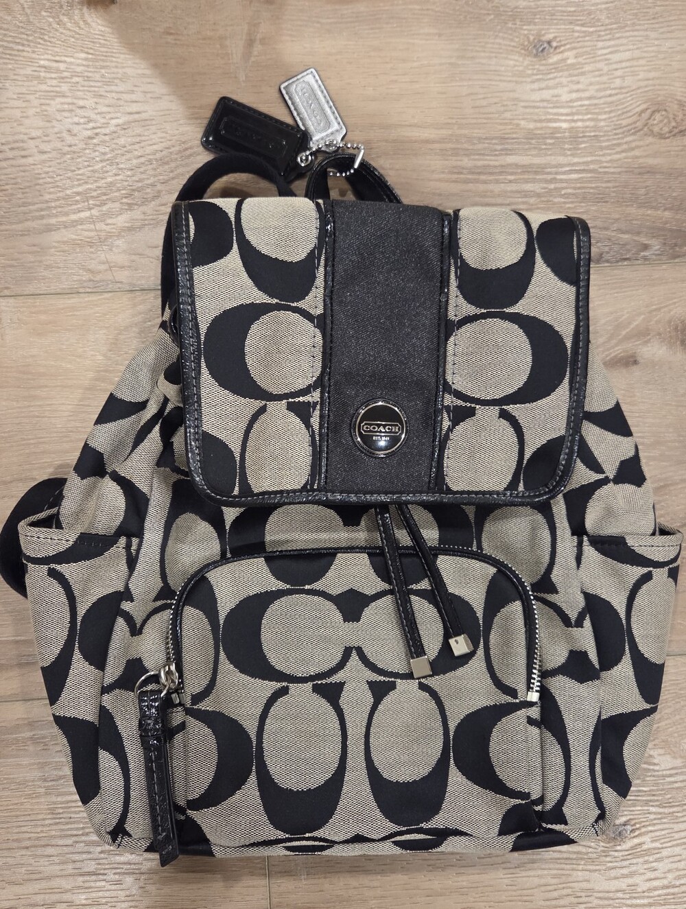 Coach Khaki and Black Signature Canvas Backpack